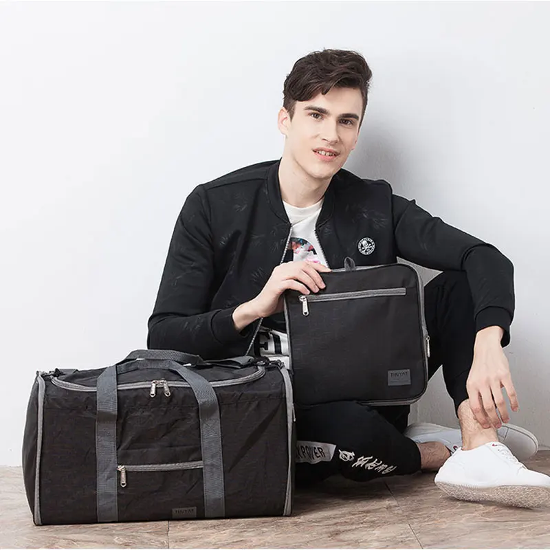 TINYAT 60L Men Large Travel Folding Bag Portable Mall Women's Handbags Waterproof Nylon Casual Male Travel Duffel Black Gym Bag