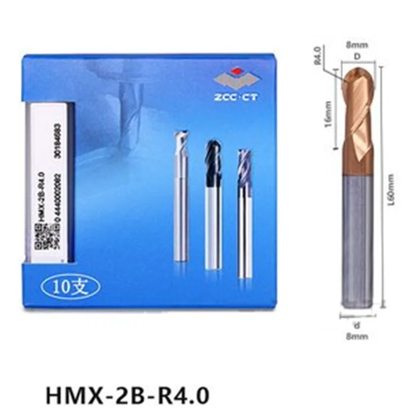 HMX-2B-R4.0 ZCC.CT HMX-2B Two edge straight shank ball end mill D8.0R4.0*8*16*60 2F Ball Nose End Mill 2 Flutes Mills