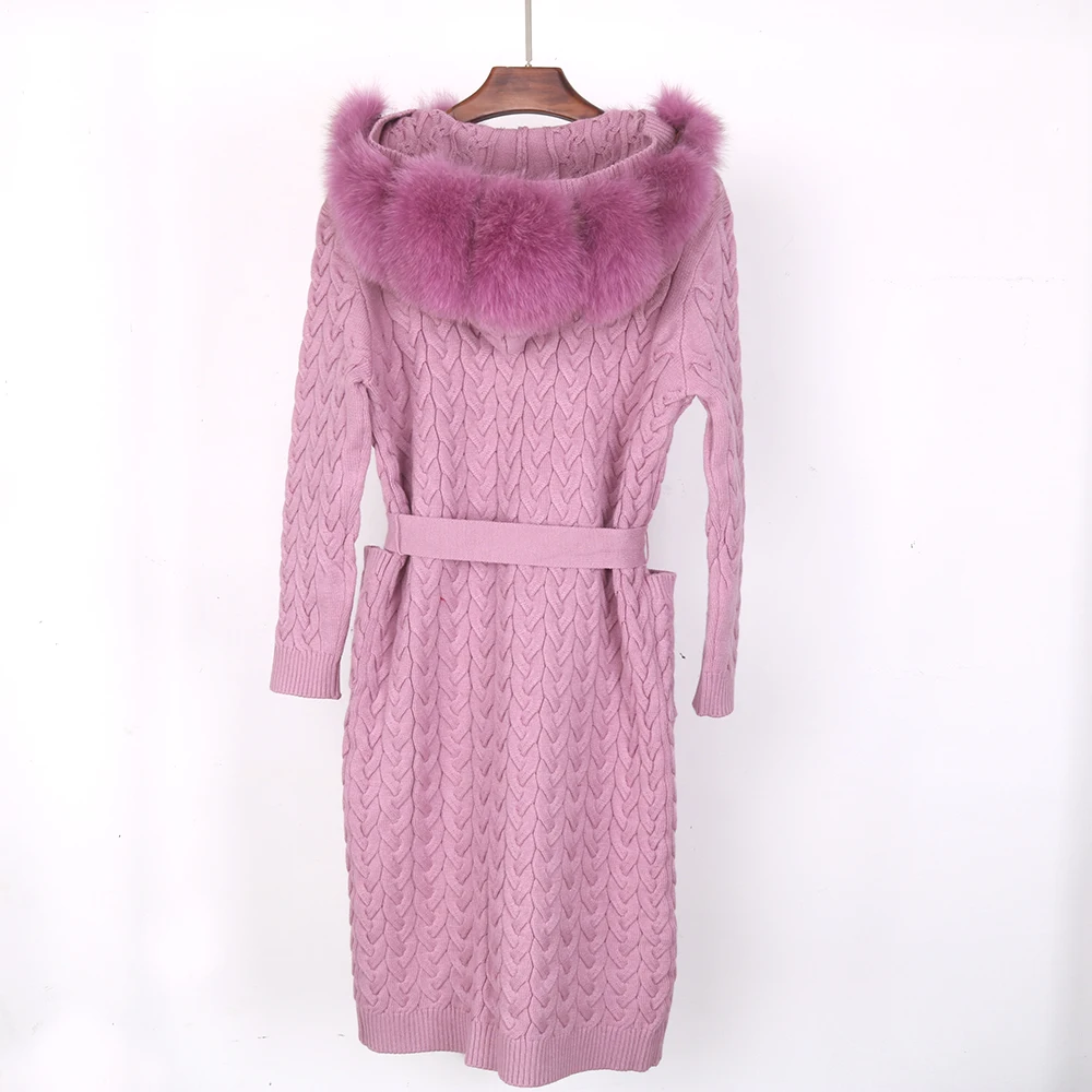 Women Natural Raccoon Bigest Real Fox Fur Hooded Fluffy Cardigan Sweater  X-Long 105-110cm length women real fox fur Coat