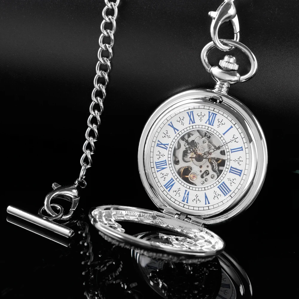 New Silver-White Flying Dragon Sculpture Mechanical Pocket Watch Hollow-Out Case Analog Skeleton Men's Mechanical Pocket Watch