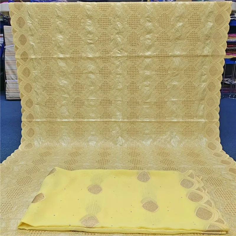 

Latest African Soft Bazin Rich Fabrics Fashion Yellow 100%Cotton Embroidery Basin Lace Fabric For Wedding Dress 5+2 Yards 16A09