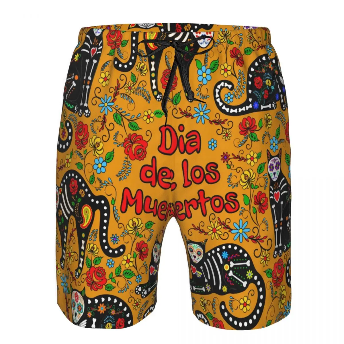 

2022 Summer Men's Swimwear Shorts Mexico Skull Black Cats On Yellow Beachwear Swim Trunks Men Swimsuit