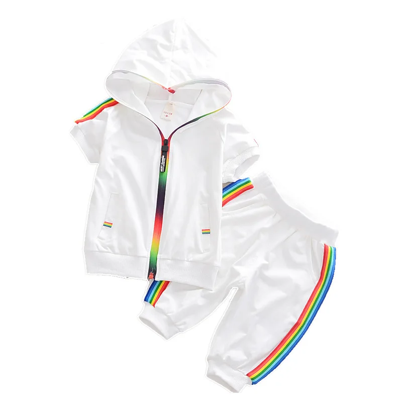 

Children Summer Cotton Garment Baby Boys Girls Candy-colored Zipper Hoodies Short Sleeve 2Pcs Set Kids White Twinsets Tracksuit