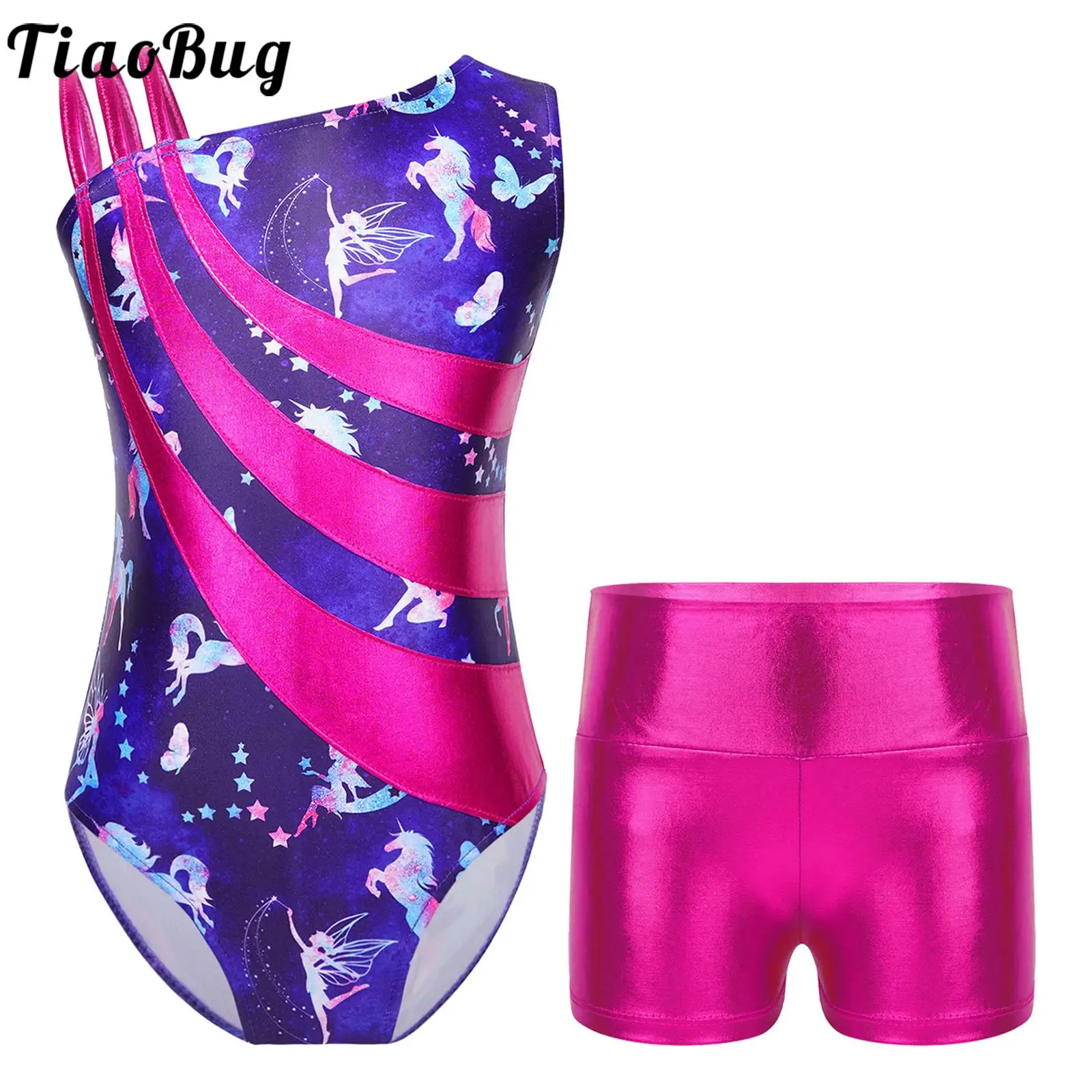 

Kids Girls Ballet Dance Leotard Sleeveless Gymnastics Workout Bodysuit with Shorts Skating Stage Performace Dancewear Sportswear