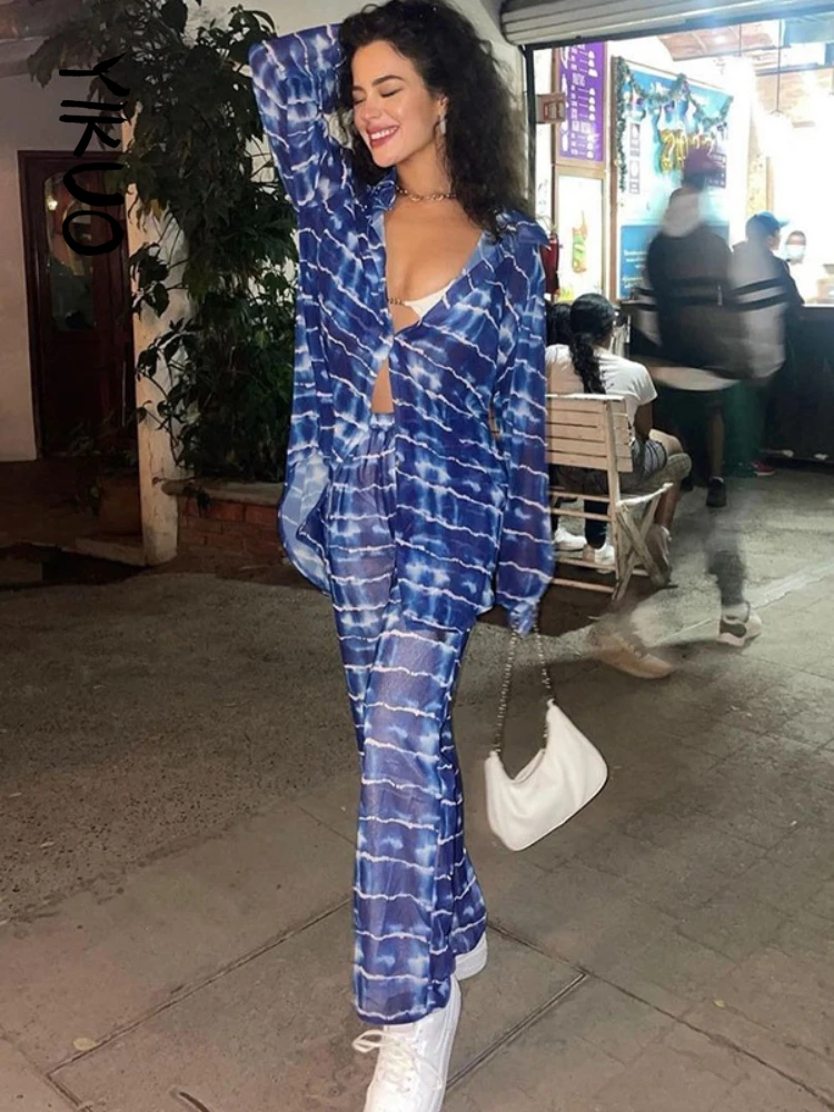 

YIKUO 2 Piece Pant Set Blue Stripe Print Polo Collar Tshirt and Long Casual Trousers Suit 2022 Fashion Streetwear Matching Set