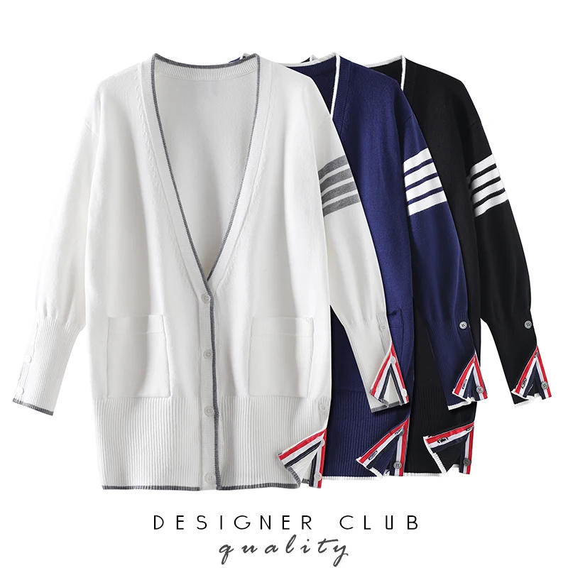

tb sweater coat cardigan women's spring and autumn new college style long-sleeved V-neck mid-length outer knitted top