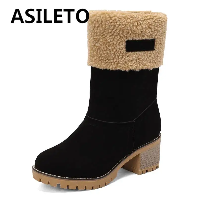 

ASILETO New Female Snow Boots Round Toe Block Heels 6cm Platform 2cm Flock Suede Winter Warm Fur Shoes Plus Size 42 43 Leisure