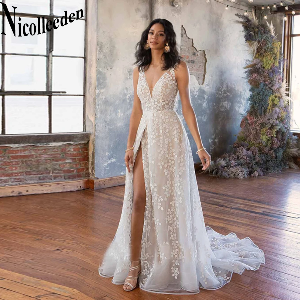 

Nicolle Slit Backless Wedding Gown For Bride Sleeveless V-Neck Vintage Appliques Court Train A-LINE Tulle Robe De Mariée
