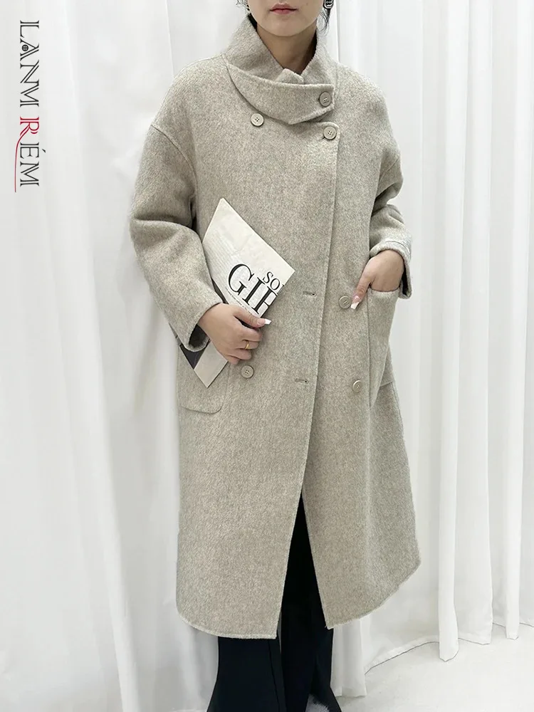 

LANMREM Winter New Wool Long Coats Women Lapel Patchwork Double Breasted Solid Color Clothing Fashion Female New 2AA3902