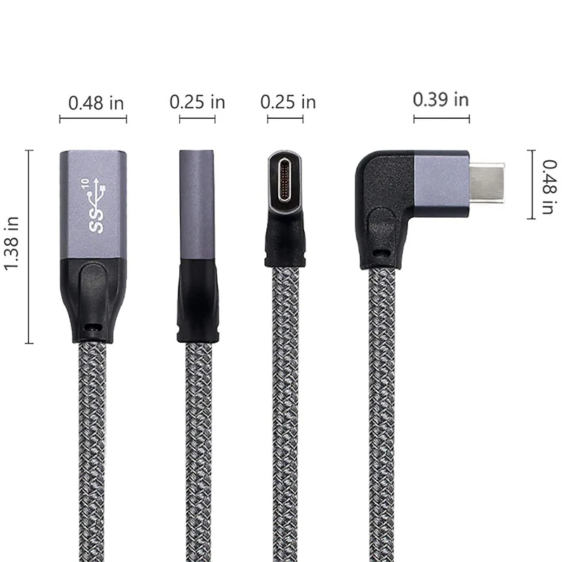 Удлинительный кабель с прямым углом USB C короткий (3 1 фута) разветвленный и