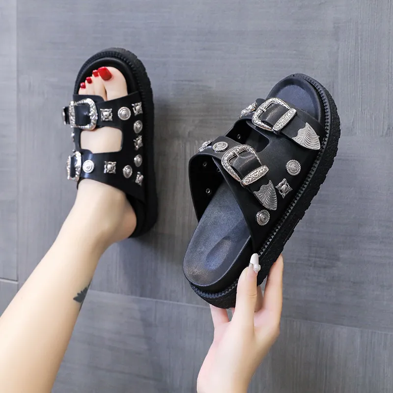 

Retro Belt Buckle Platform Women's Shoes Summer Rivets Decorative Flats Slippers Comfortable Outer Wear Slides Girl Casual Shoes