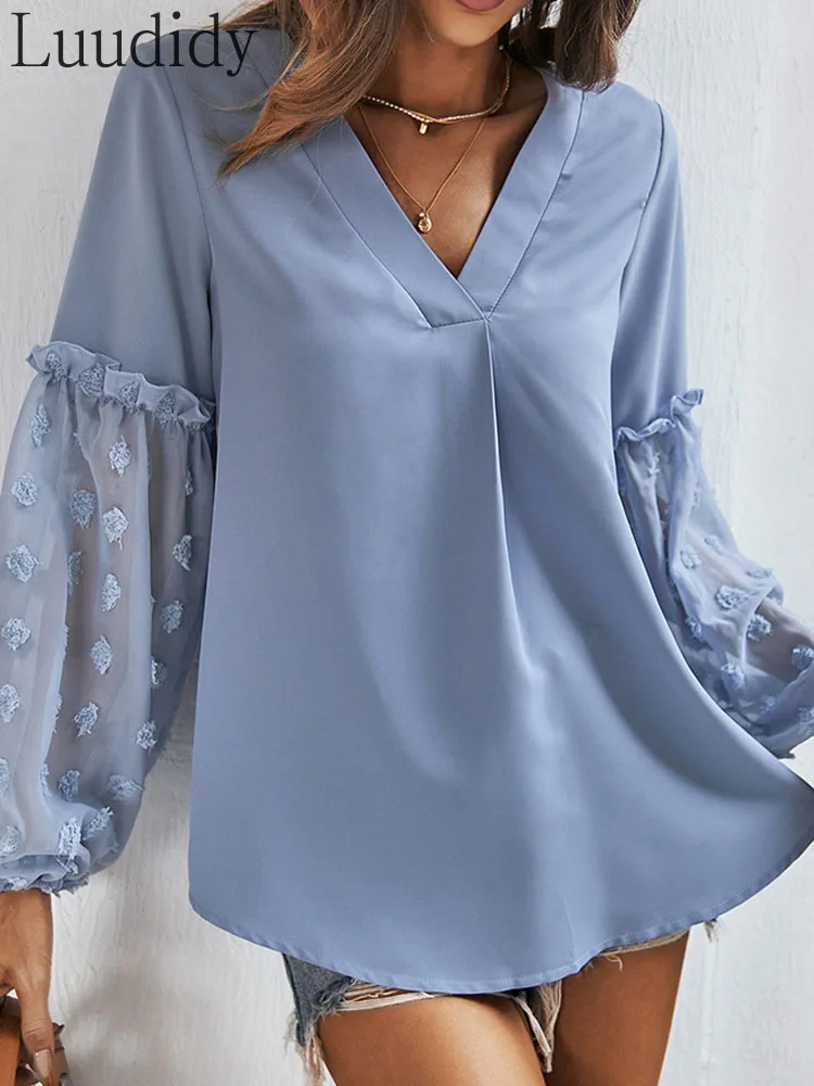 

Women Solid Color V-Neck Long Sleeve Patchwork Casual Blouse