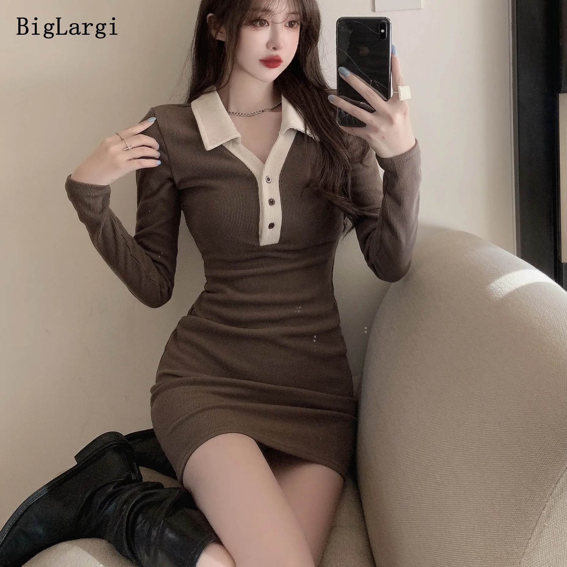 

Long Sleeve Mini Dress Women Sexy Wrap Knitted Ladies Dresses Polo-neck Bodycon Woman Dress 2022 New Spring Summer
