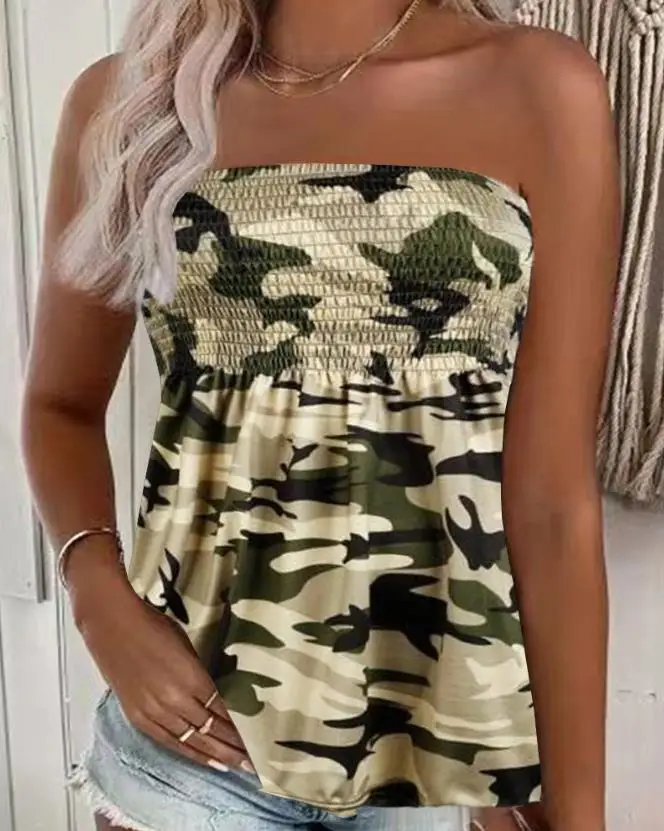 

Fashion New Top for Women 2023 Summer Vacation Camouflage Print Shirred Sleeveless Bandeau Tank Top Bascis Women's Vest Clothes