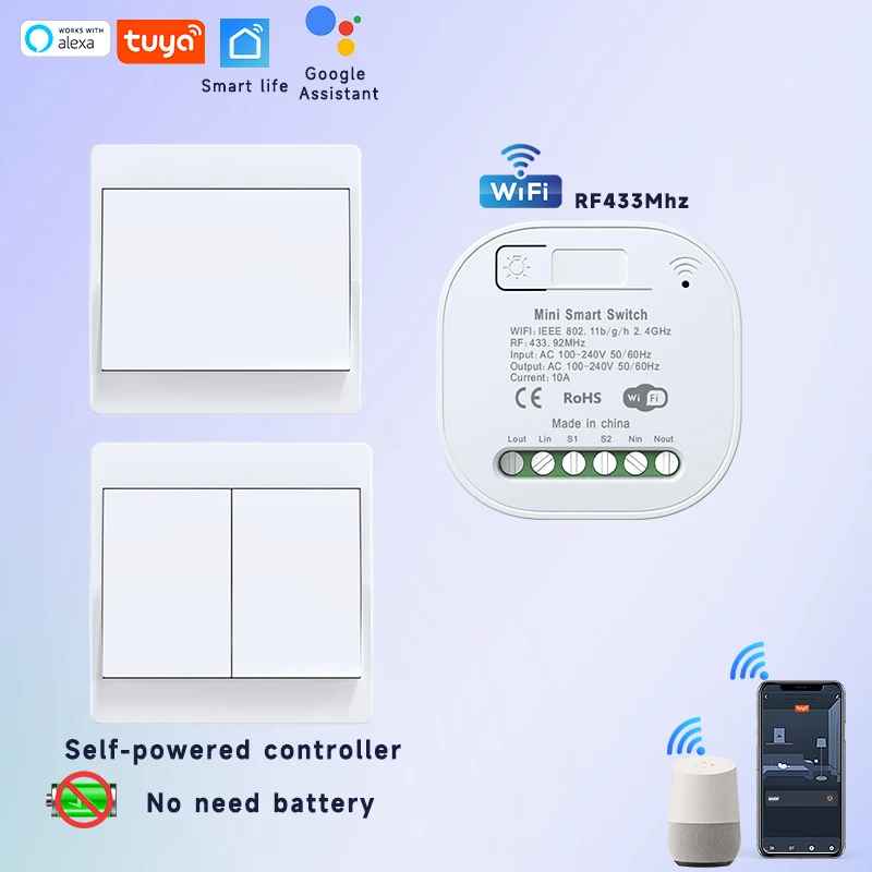 Фото Умный переключатель для дома, WIFI + RF433 Tuya, приложение, дистанционное управление, таймер, без батареи, беспроводной кинетический переключатель, работа с Google Alexa №1