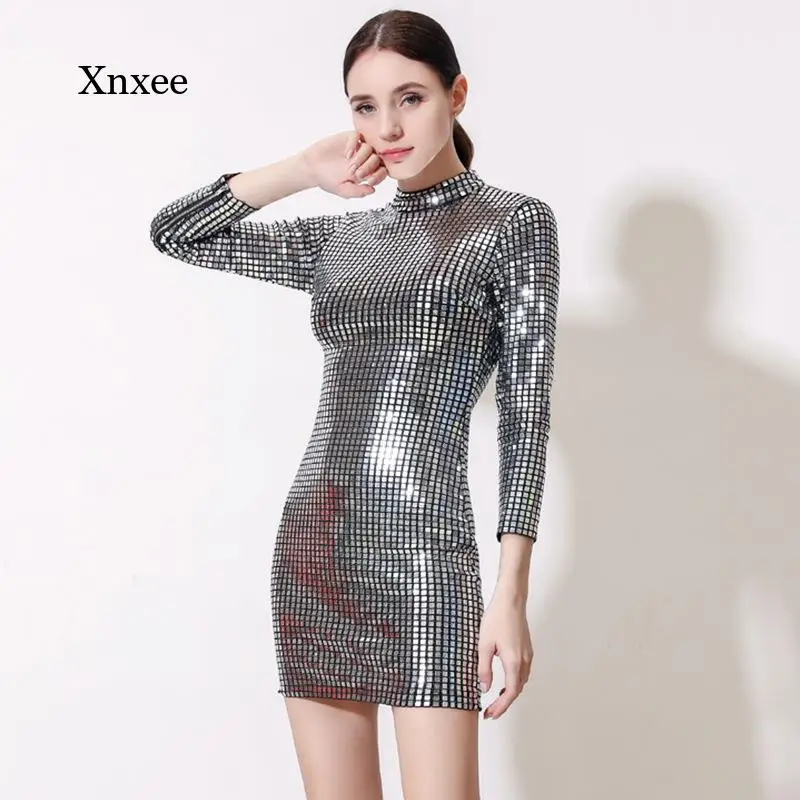 

Мини-платье с блестками, сексуальное блестящее вечернее облегающее платье с длинным рукавом, металлические официальные платья-карандаш, модная одежда, наряд