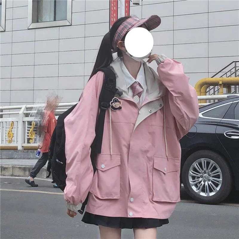 

Kawaii Japanese Zipper pink woman jacket 2022 Korean color matching winter clothes Loose cute female tops coat manteau femme