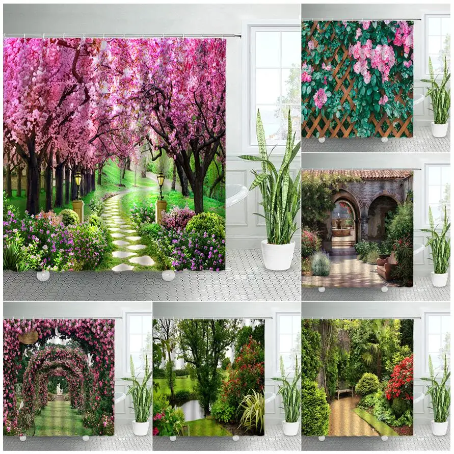 Spring Rural Landscape Shower Curtains Set Pink Flowers Tree Forest Natural Floral Green Plant Scenery With Hooks Bathroom Decor