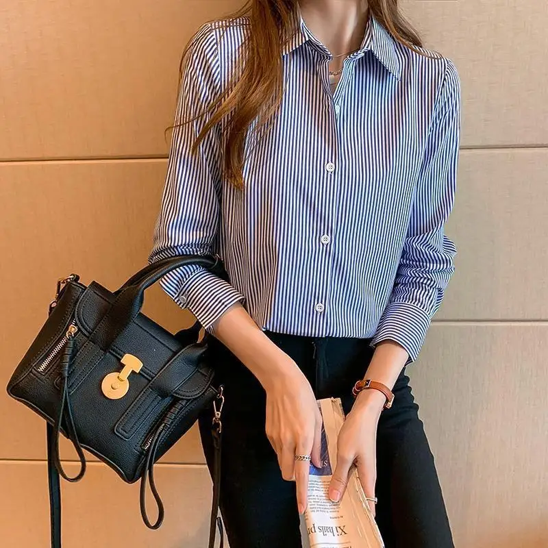 Korean Fashion Women Shirt Commute Striped Printed Blouse Simple All-match Casual Blouse Chic Design Loose Basic Office Lady Top enlarge