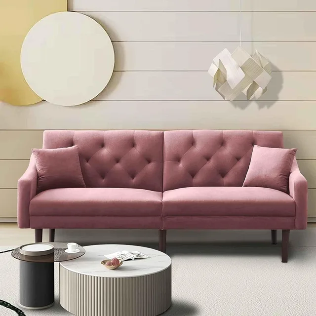Convertible Sleeper Futon Sofa with 2 Pillows Pink 2