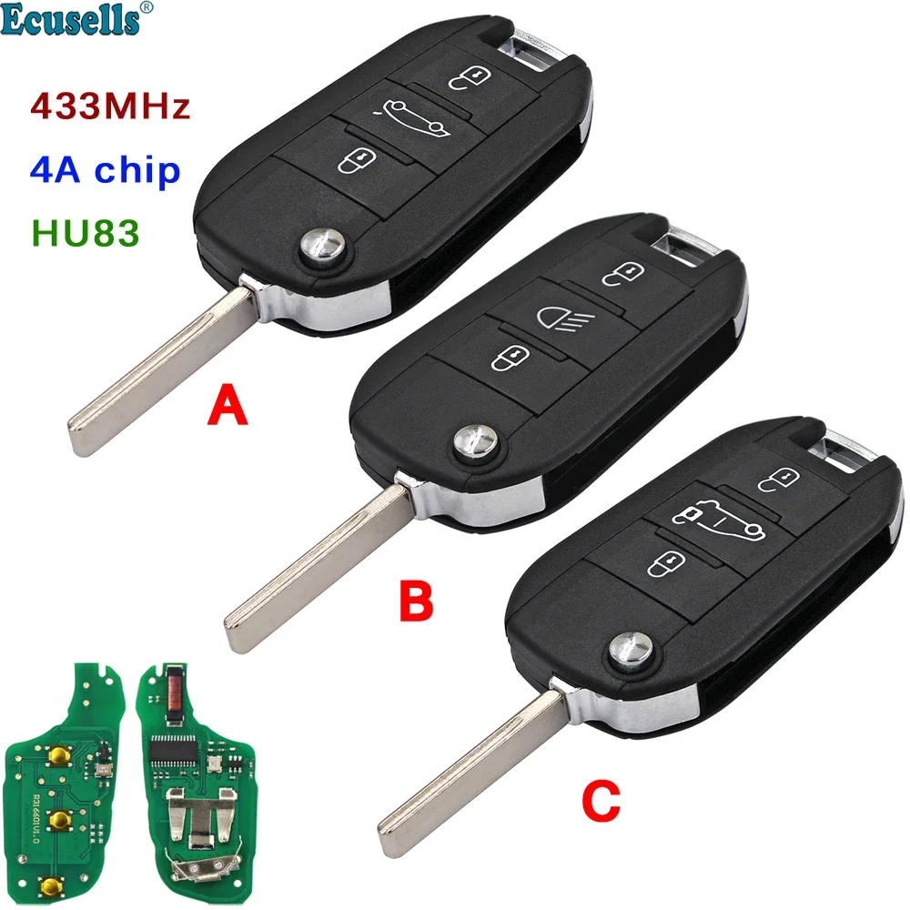 3-кнопочный откидной дистанционный ключ-брелок 433 МГц 4A чип для Citroen Dispatch C3 C4 Cactus для Peugeot Partner 508 308 Expert HU83 Blade