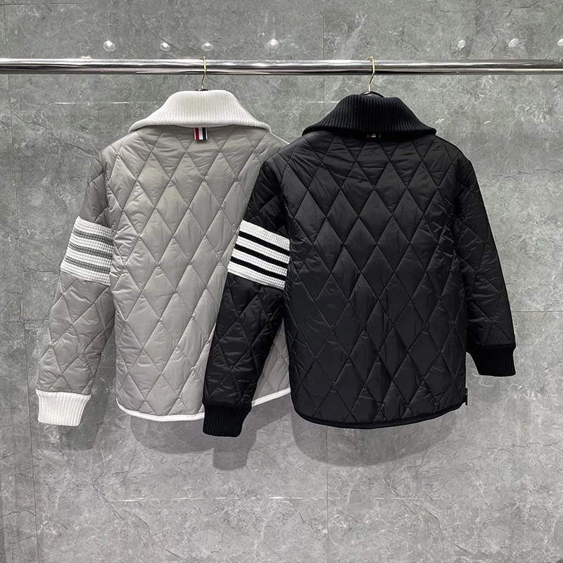 TB THOM Men's Jacket Winter Fashion Brand Coats 4-Bar Stripe Diamond Lattice Turn Down Collar Cotton-Padded Zip Pullover Jackets