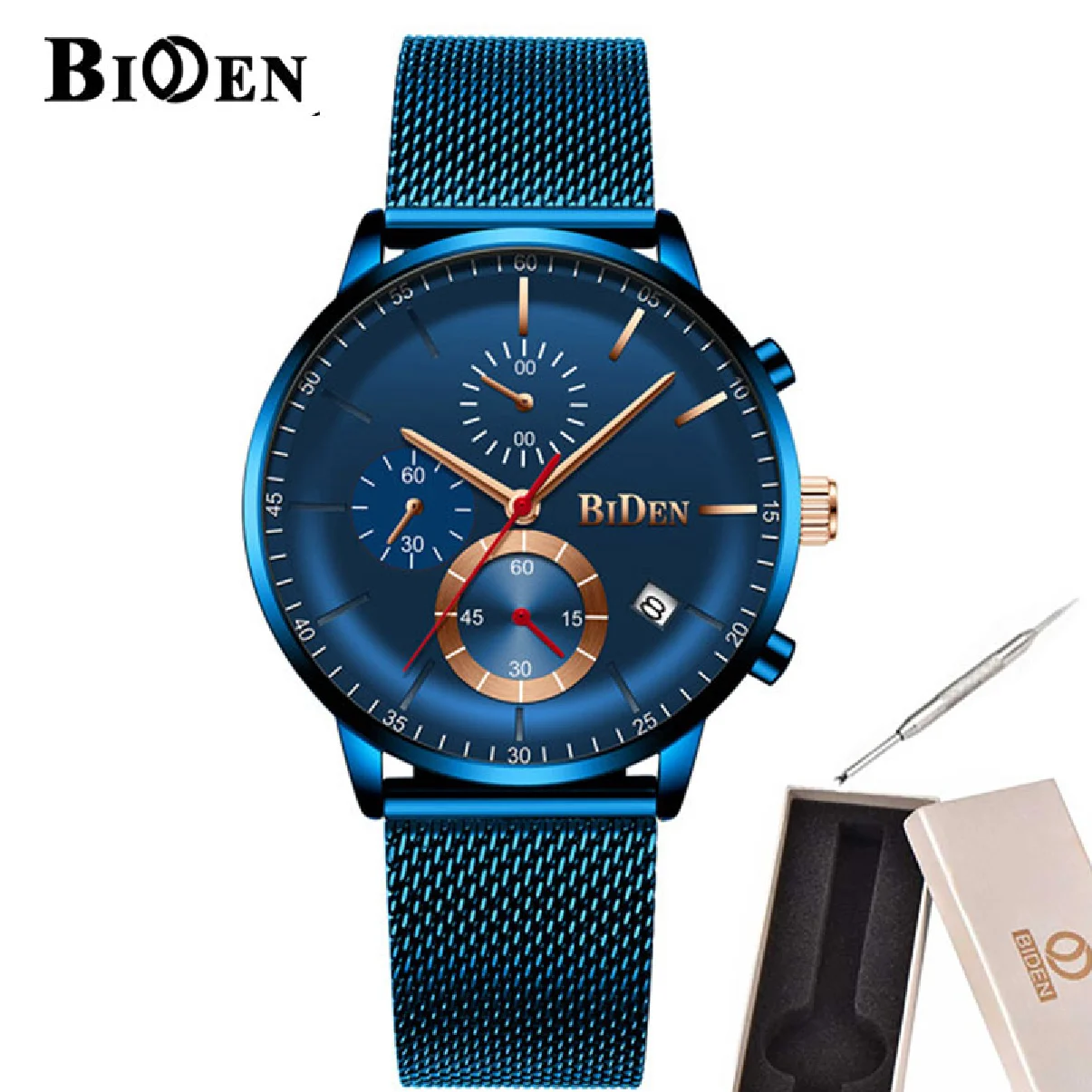 

BIDEN Mens Watches Top Luxury Brand Waterproof Sport Wrist Watch Chronograph Quartz Military Steel Mesh Band Relogio Masculino