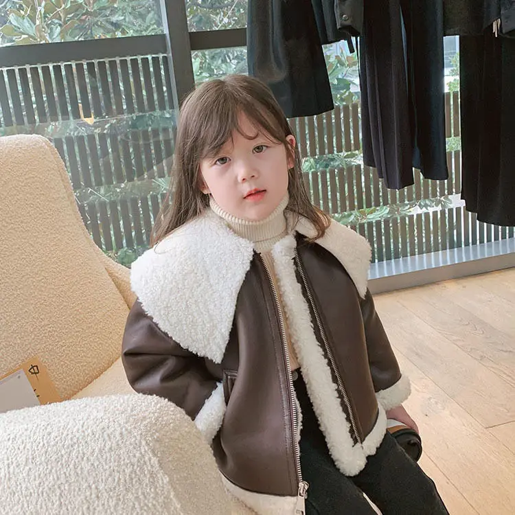 

Boys Leather Warm Jacket For Girls Lamb Velvet Padded PU Coat Winter New Girls Faux Fur Overcoat