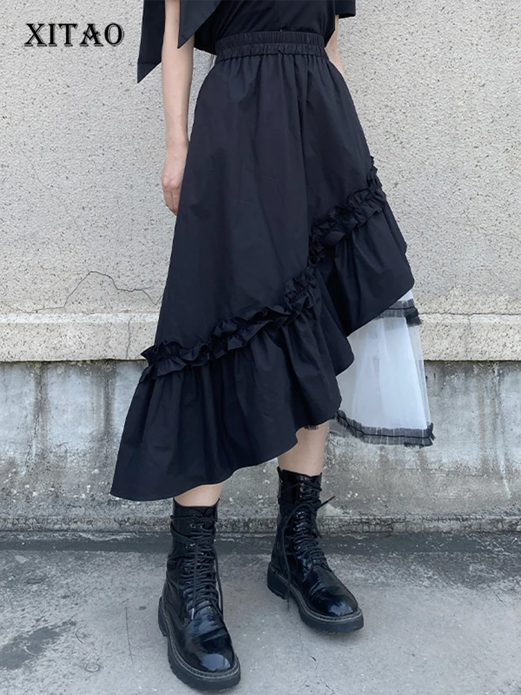 

XITAO Asymmetrical Mesh Patchwork Skirt Loose Fashion Contrast Color Folds Edible Tree Fungus Decoration A-line Skirt DMJ1922