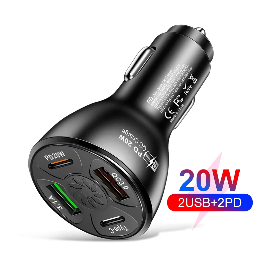 

20W 5V/3A 9V/2A 12V/1.6A 4-Port Car Charger For Phone Fast Charge PD Type C USB Adapter