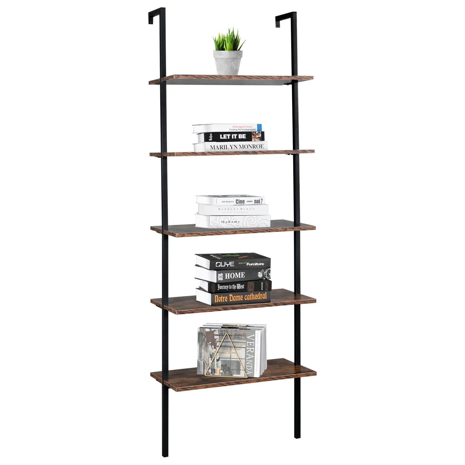 

Industrial Wall Mounted Bookcase 5-Tier Open Ladder Shelf Bookshelf With Metal Frame Classical Vintage Ladder Wall Shelf