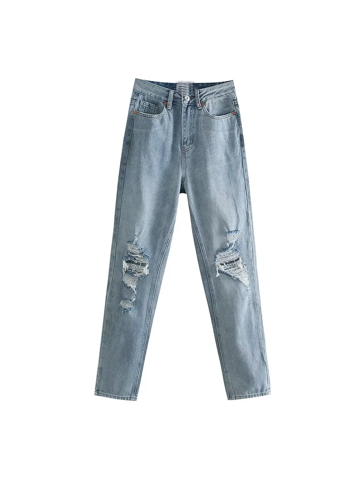

2022 fall women's new retro high-waisted solid color hole decorated loose and comfortable type of jeans