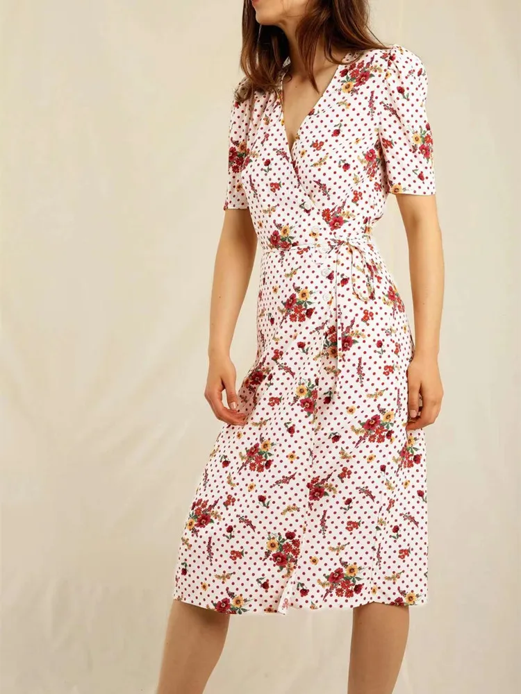 Women Dot Print High Waist Mid -Length Dress 2023 New Short Sleeve Lace-Up Single Breasted V-Neck Sweet A-Line One Piece Dress