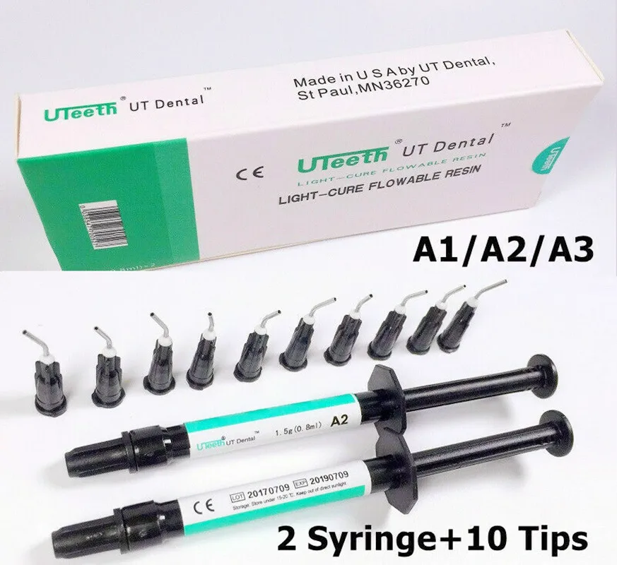 

Dental UT Flowable Composite Resin Flow Light Cure Refill Syringe Delivery Tips Total Etch Gel Adhesive Bonding A1 A2 A3 UTeeth