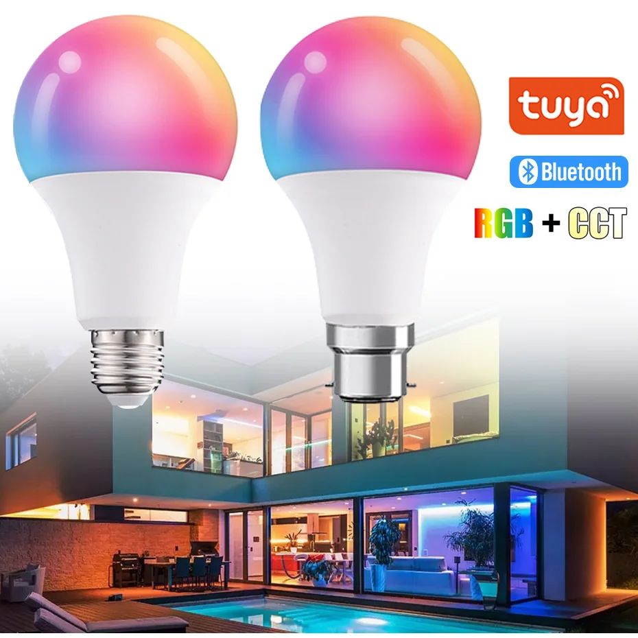 

85-265V Tuya Bluetooth Smart Bulb E27 E26 B22 Colourful RGB+CCT LED Lamp 15W Magic Light Bulb for Christmas Party Decoration
