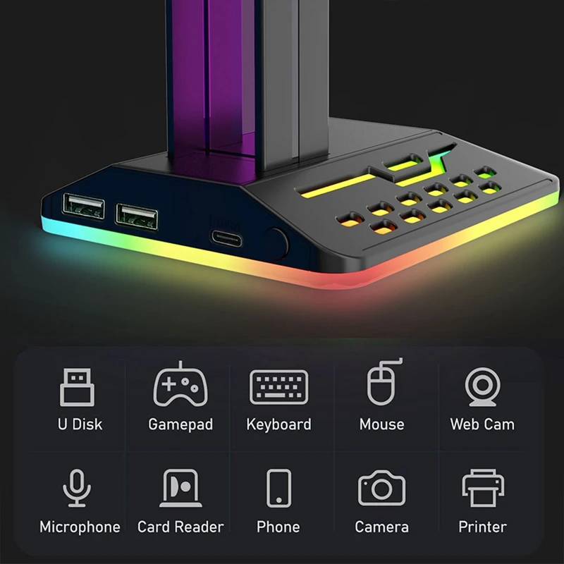 Держатель для гарнитуры RGB 7-цветная подставка игровых наушников Type-C 2 USB-порта