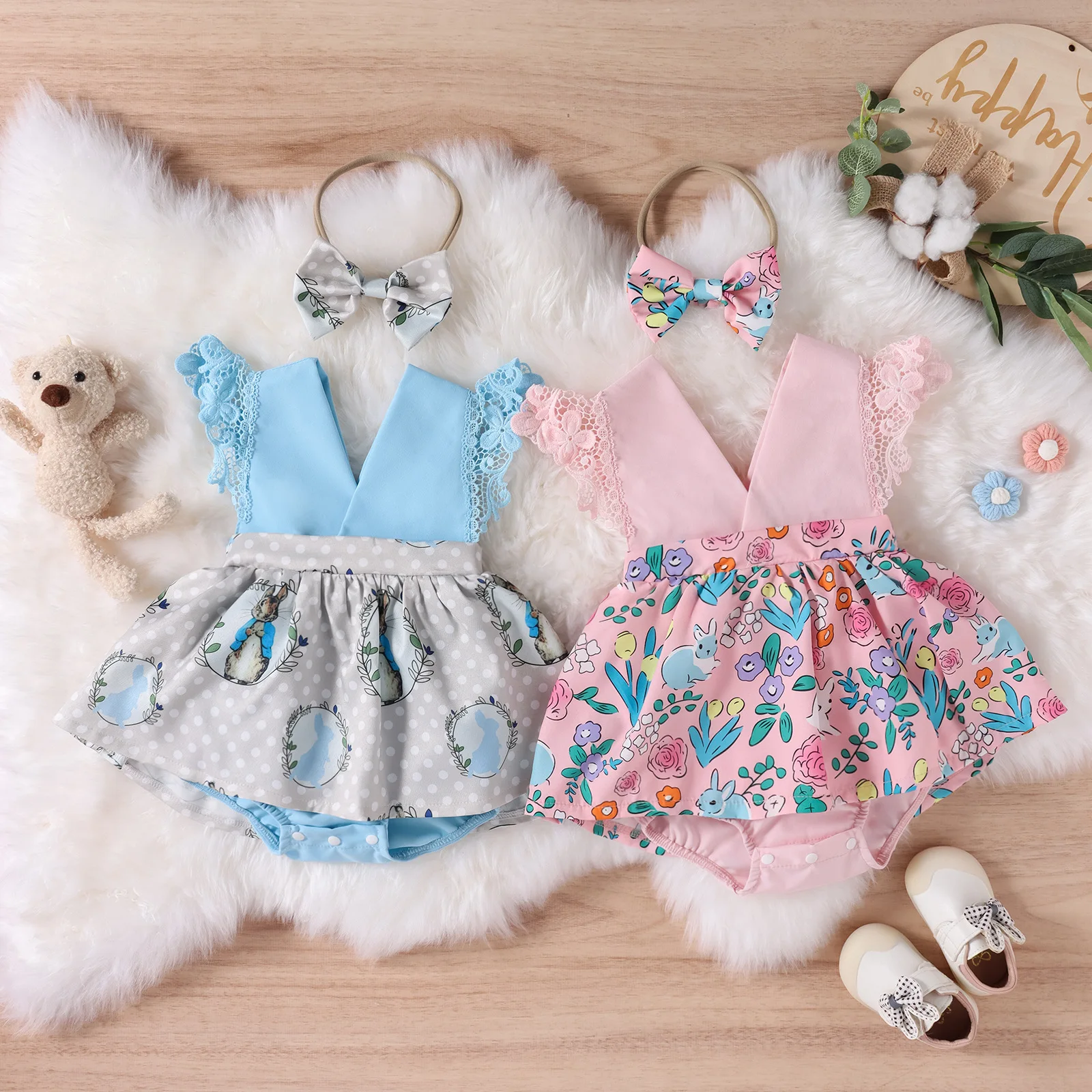 2Pcs Dress For Girls Summer Sweet Easter Daily Lovely Rabbit Print Flying Sleeve Romper Newborn Clothes 0-24M Children +Headwear