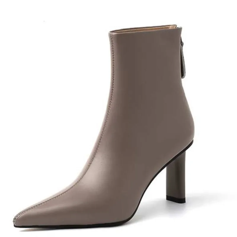 

Ботильоны из коровьей кожи, заостренный носок, высокий каблук, молния, современные теплые зимние ботинки, модные однотонные элегантные полусапожки