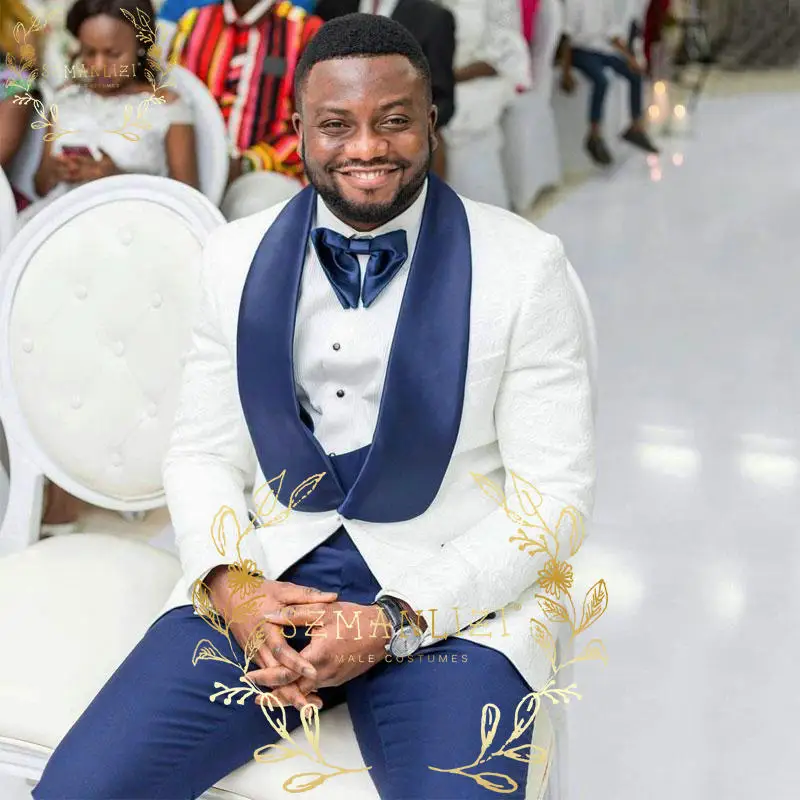 SZMANLIZI 2022 White Paisley Jacket Wedding Men Suits Navy Blue Lapel Groom Tuxedos Prom Terno Masculino Party Blazer 3 Pieces