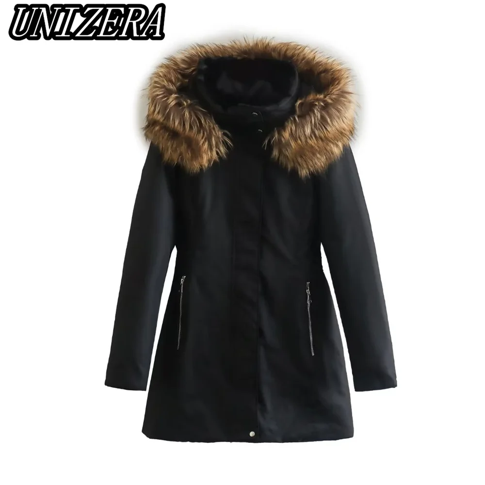 

UNIZERA Autumn and Winter New Women's Clothing Black Basic Warm Long-sleeved Hooded Chic Cotton Coat Coat 3427711