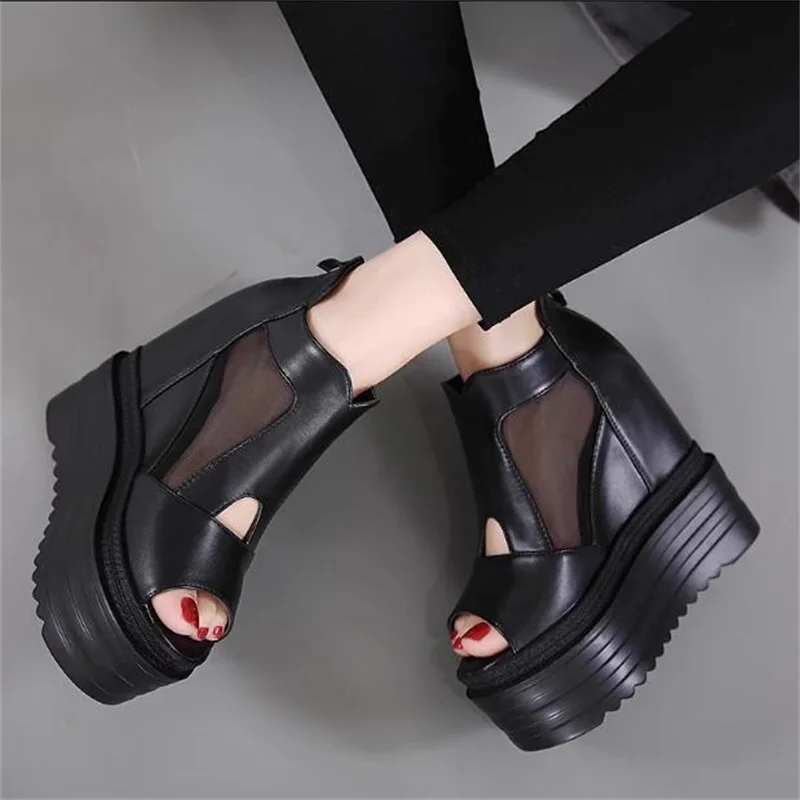 

Summer new all-in-one super high heel mesh fish mouth sandals inside increase platform platform shoes women