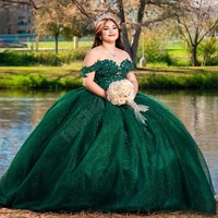 exquisite green prom dress off the shoulder shiny tulle ball vestido crystal beads appliques pearls formal robe de soiree