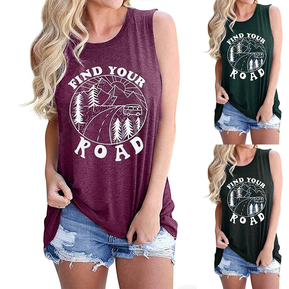 

Women's Tank Top Find Your Road Letter Round Neck Sleeveless