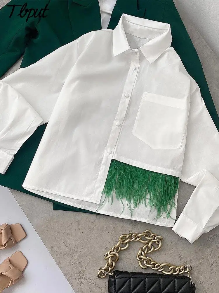 

Women Style Solid White Shirts With Feather Office Lady Chic Long Sleeve Single Pocket Shirts Female Simple Laple Button Shirt