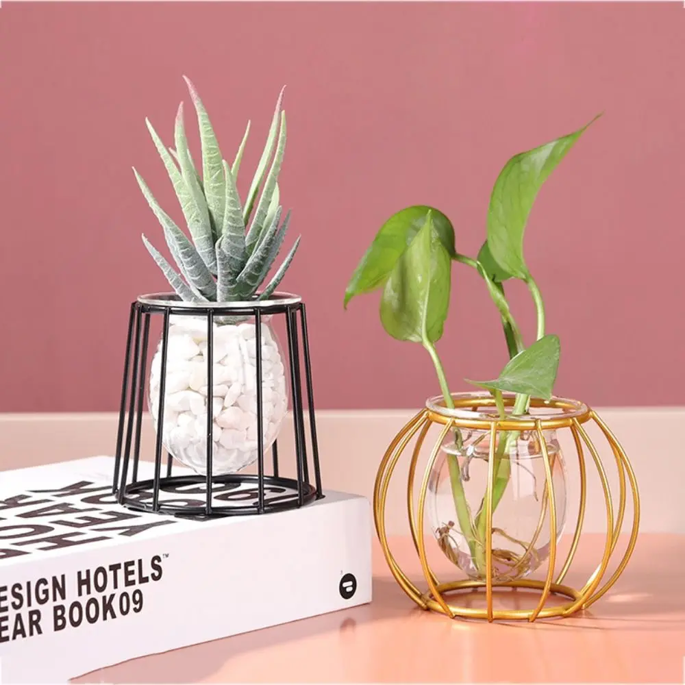 

High Quality Iron Flower Pot Creative Delicate Hydroponics Flower Vase Daily Irregular Glass Gold Desktop Ornaments