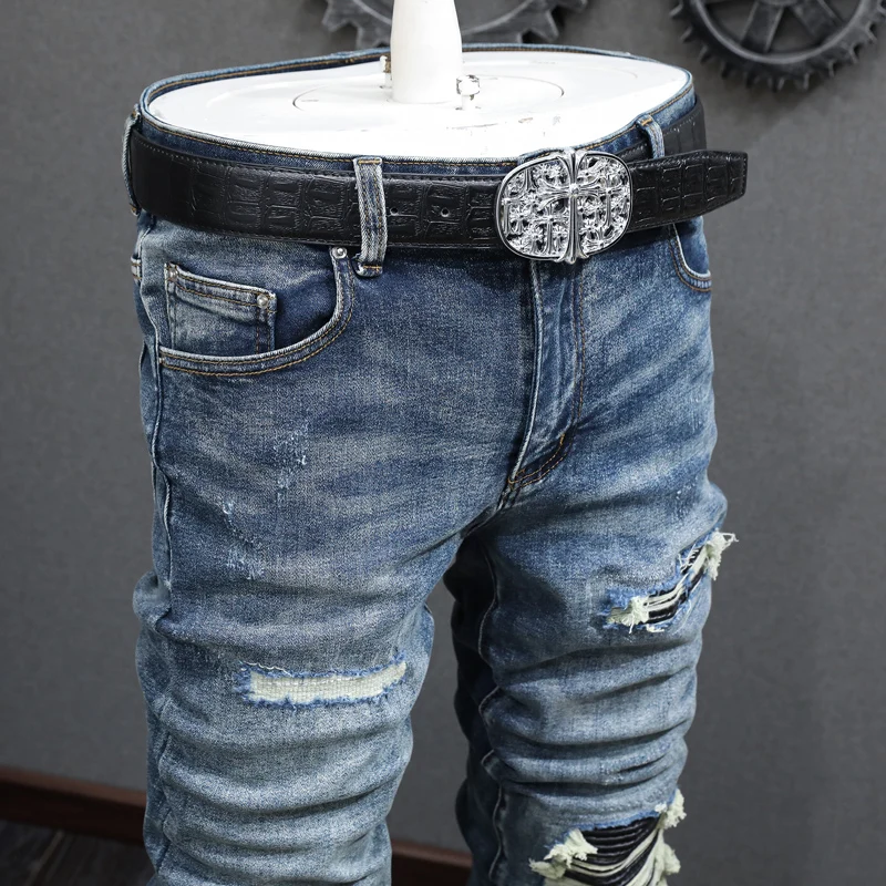 Street Fashion Men Jeans Retro Dark Blue Stretch Elastic Skinny Ripped Jeans Men Leather Patched Designer Hip Hop Brand Pants