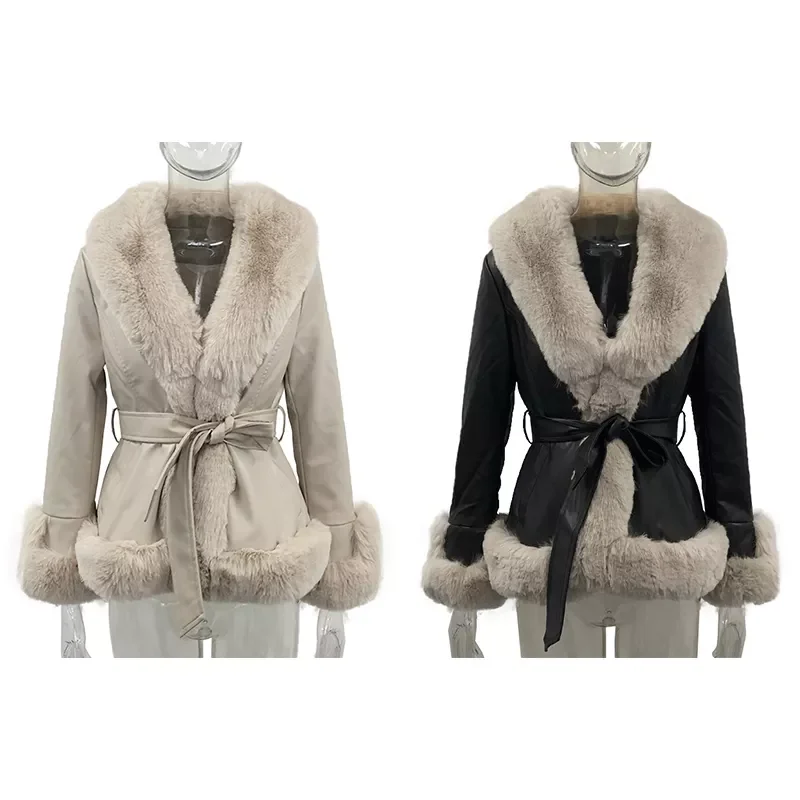 PU Leather Short Jackets Women Fashion Tie Belt Waist Coats Women Elegant Side Pockets Faux Fur Jackets Female Ladies