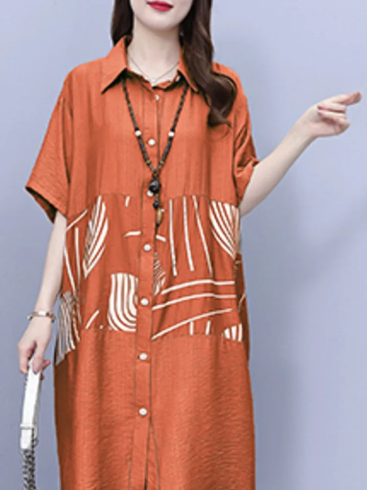 #7904 длинное платье-рубашка цвета хаки Оранжевое Женское свободное платье миди с