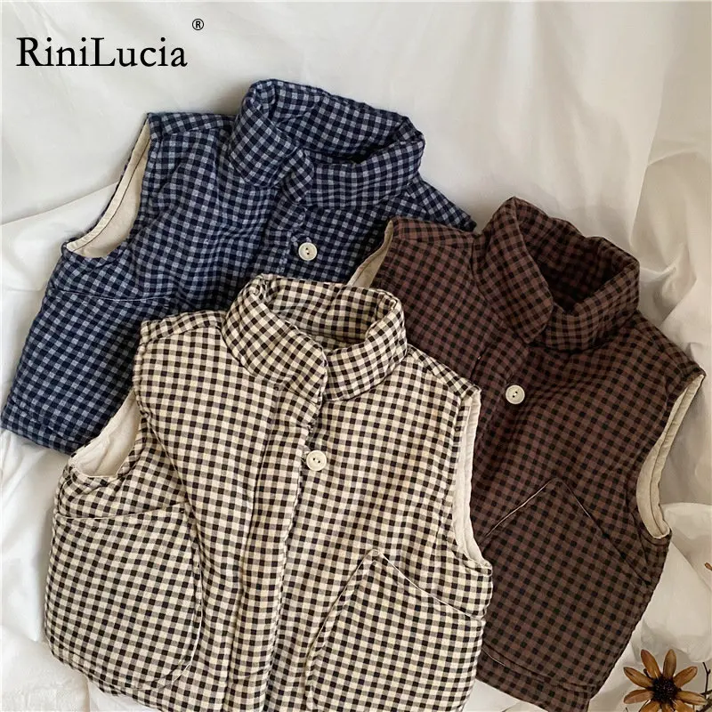 

RiniLucia 2023 Casual Spring Autumn Winter New Boys Girls Sleeveless Vest Jacket Plaid Coat Kids Warm Vest Outwear Clothes