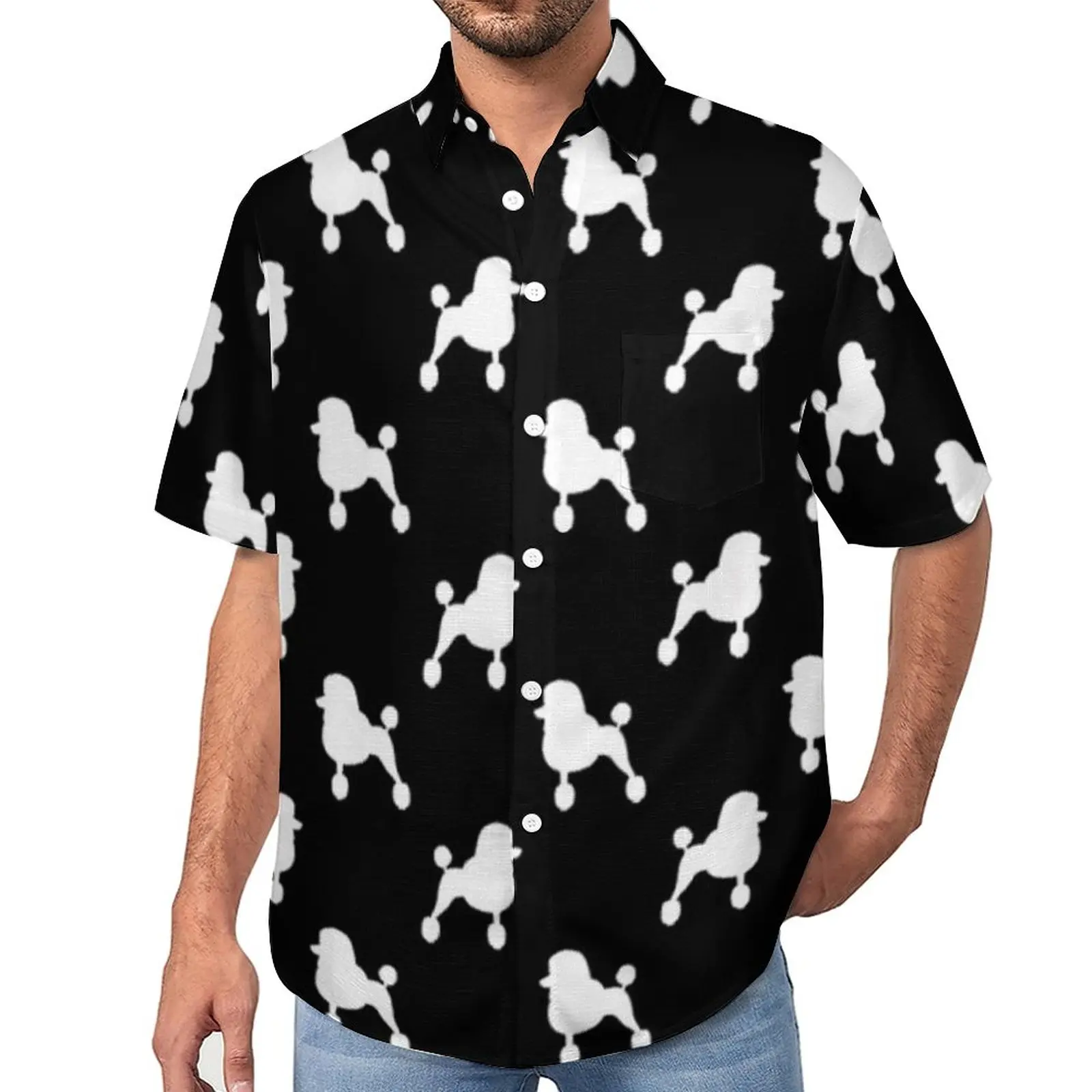 

Cute Dog Print Loose Shirt Men Beach Standard Poodle Silhouette Casual Shirts Hawaii Design Short Sleeves Cool Oversized Blouses
